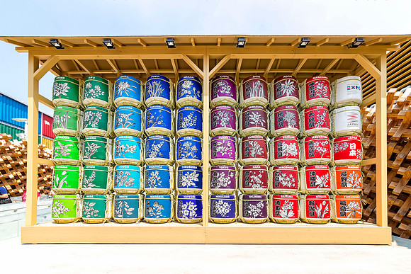 Sake barrels at Japan pavilion at Expo 2015 in Milan, Italy