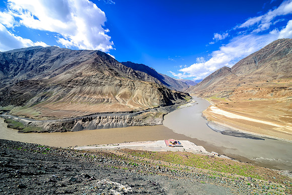 Confluence of Zanskar (from top) and Indus rivers near Nimmu village Ladakh