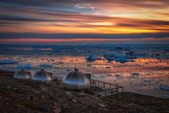Sunset over Disko Bay Greenland icebregs