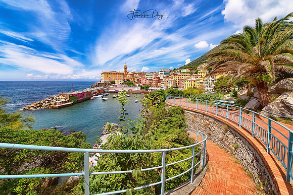 Nervi village as seen from Passeggiata Anita Garibaldi walk Italy sea landscape