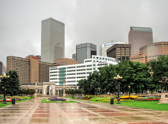 Downtown Denver from Civic Center Park skyscraper architecture