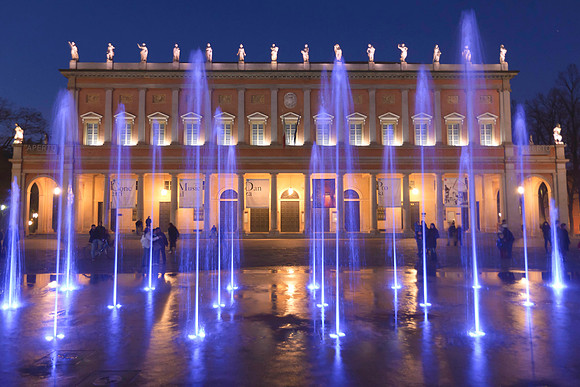 The theater fountain at night