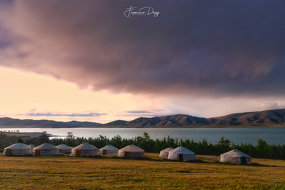 Dramatic sunset over ger camp Mongolia landscape